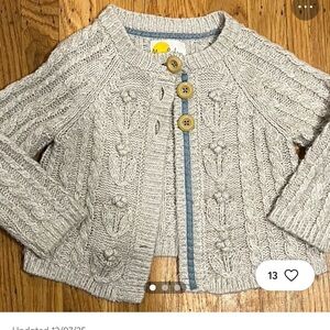 Mini Boden Light Gray Cable Knit Cardigan with Wooden Buttons
